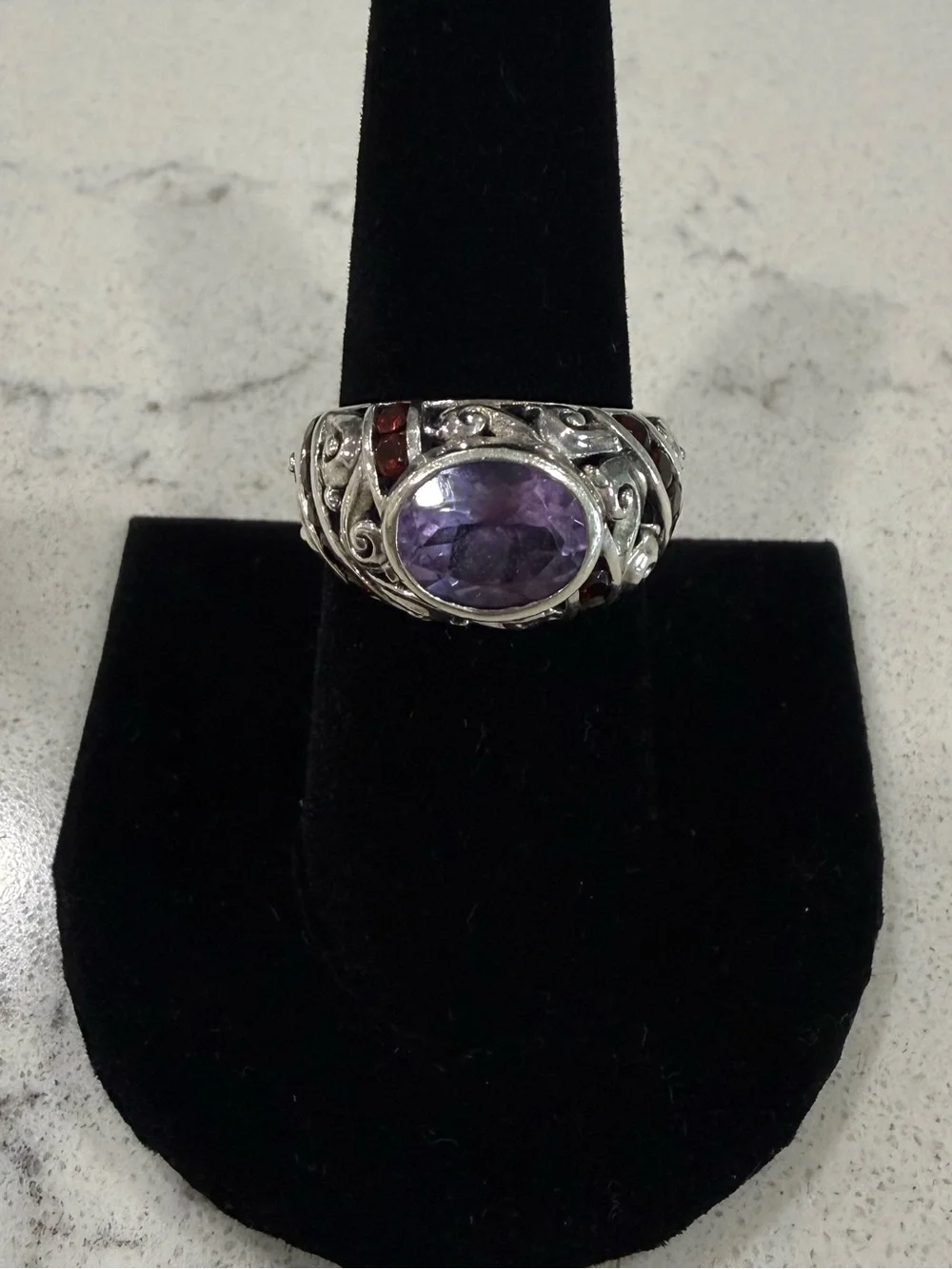 Amethyst and Garnet Accent Sterling Silver Statement Ring